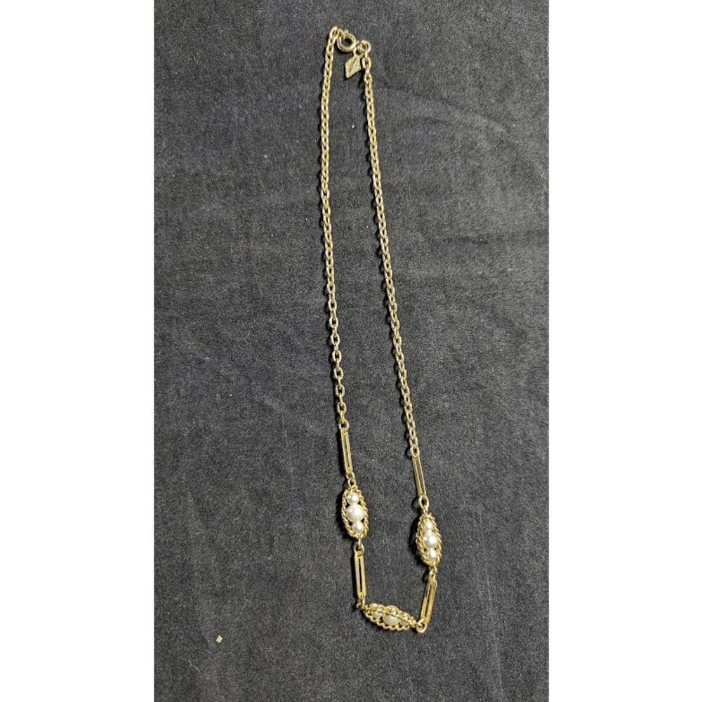 Vintage 50's Sarah Coventry Gold Necklace Tone Faux Pearl Textured Floating Bar
